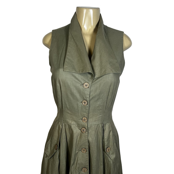 Rabbit Rabbit Rabbit Designs Dress Womens 8 Olive Button Front Midi Made USA - Picture 1 of 12